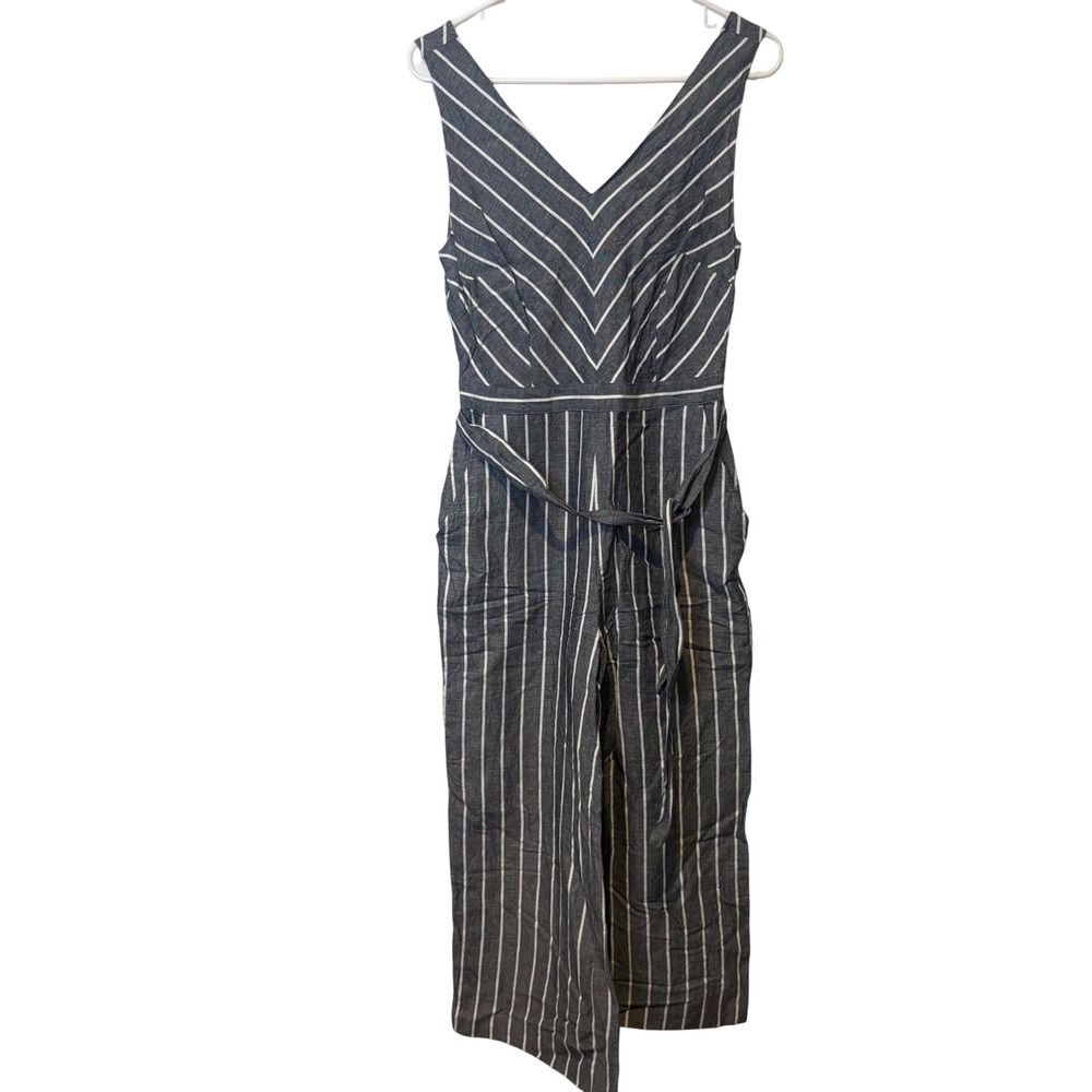 LOFT Striped Wide Leg Jumpsuit Womens 0 Blue White Linen Blend V-Neck Nautical